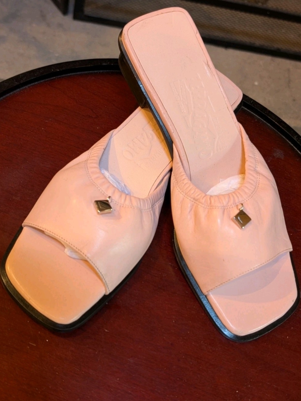 Salvatore Ferragamo Blush Pink Square Toe Leather Mules_Charm Detail Sz 6C Italy
